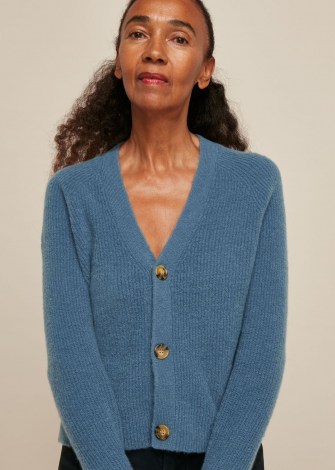 WHISTLES RIB TEXTURED WOOL MIX CARDIGAN Blue / V neck button up cardigans - flipped