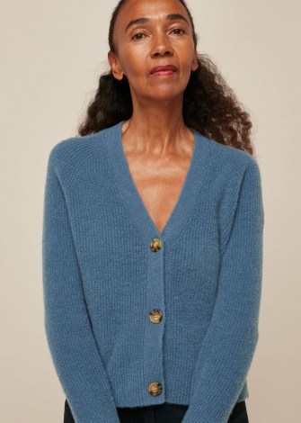WHISTLES RIB TEXTURED WOOL MIX CARDIGAN Blue / V neck button up cardigans