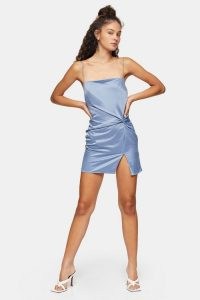 Topshop Blue Twist Front Slip Mini Dress | skinny strap dresses | cami straps | front split | going out fashion