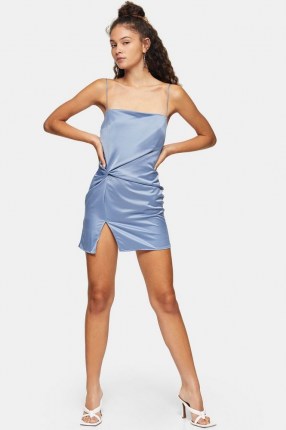 Topshop Blue Twist Front Slip Mini Dress | skinny strap dresses | cami straps | front split | going out fashion - flipped