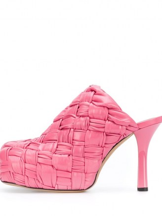Bottega Veneta BV Bold platform mules in pink / woven leather platforms - flipped