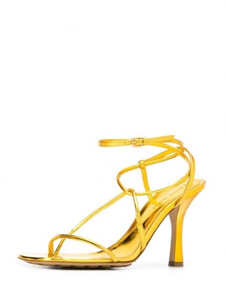 Bottega Veneta Stretch ankle-strap sandals ~ strappy metallic gold high heels - flipped