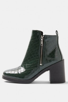 TOPSHOP BRIDIE Khaki Crocodile Unit Boots – green croc effect block heel boot - flipped