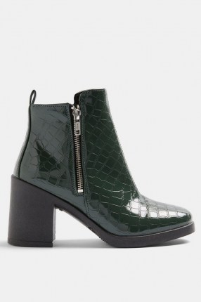 TOPSHOP BRIDIE Khaki Crocodile Unit Boots – green croc effect block heel boot