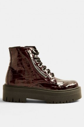 TOPSHOP BROOKE Burgundy Patent Chunky Zip Boots – thick sole croc boots