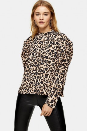 TOPSHOP Brown Leopard Print Blouse / leg of mutton sleeve blouses / cut out back top - flipped