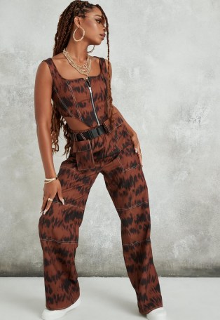 MISSGUIDED brown tie dye seatbelt buckle parachute trousers - flipped