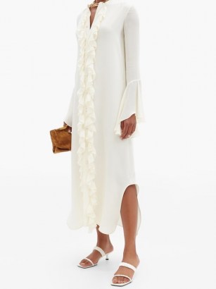 KHAITE Callen fluted-sleeve ruffled silk-georgette dress | front ruffled evening dresses | luxe occasion wear - flipped