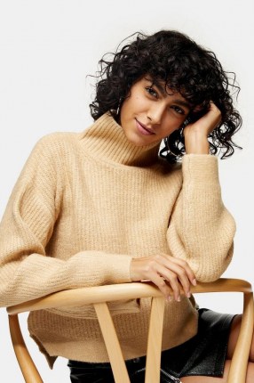 Topshop Camel Cropped Funnel Neck Knitted Jumper | boxy high neck jumpers - flipped