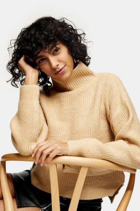 Topshop Camel Cropped Funnel Neck Knitted Jumper | boxy high neck jumpers