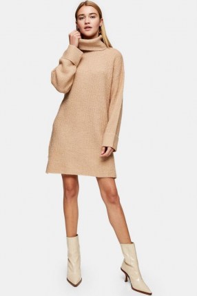 Topshop Camel Plaited Funnel Neck Knitted Dress | neutral roll neck sweater dresses - flipped