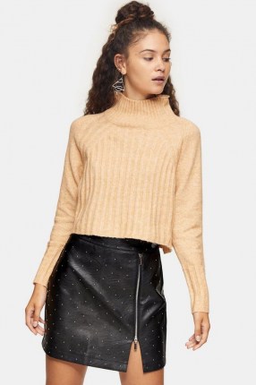 Topshop Camel Ribbed Cropped Funnel Neck Knitted Jumper | neutral high neck jumpers