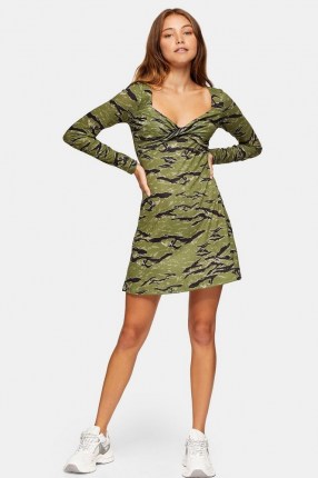 TOPSHOP Camouflage Print Twist Front Flip Dress Green / camo dresses / sweatheart neckline