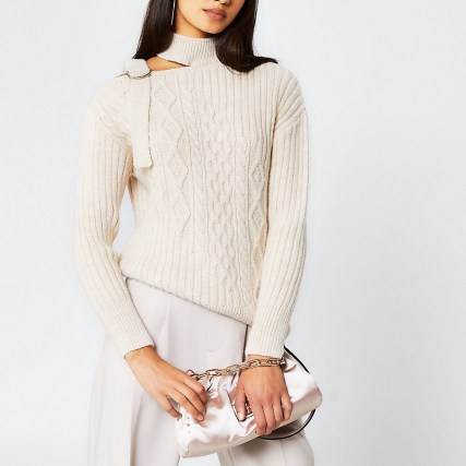 Cream choker neck cable knitted jumper | neutral cut out jumpers | on trend knitwear - flipped