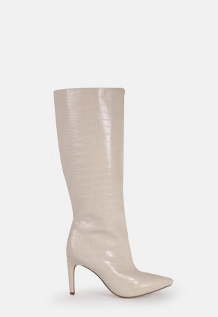 MISSGUIDED cream croc mid heel calf high boots – pointed toe boots