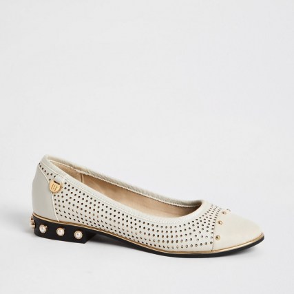 River Island Cream perforated studded ballet shoes WF | wide fit ballerinas | low faux pearl embellished heel - flipped