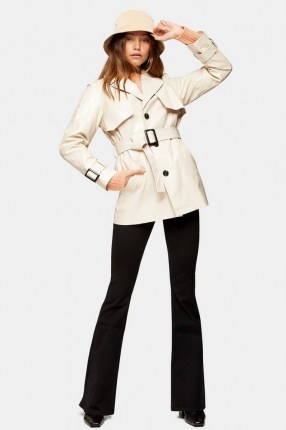 Topshop Cream Vinyl Belted Shacket | trench style shackets | glossy jackets - flipped