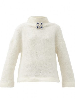 CHRISTOPHER KANE Crystal-embellished wool-blend sweater / cream funnel neck sweaters / luxe knitwear