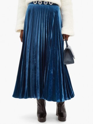 CHRISTOPHER KANE Crystal-flower pleated velvet maxi skirt / blue embellished waist skirts - flipped