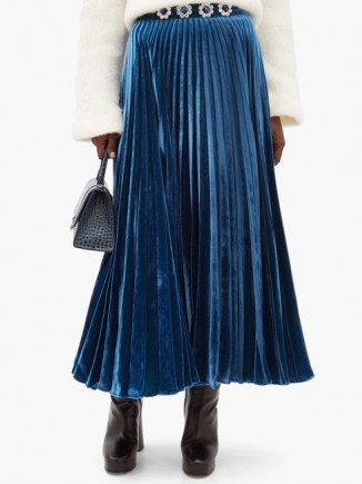 CHRISTOPHER KANE Crystal-flower pleated velvet maxi skirt / blue embellished waist skirts