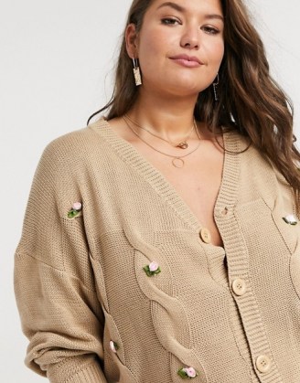 Daisy Street Plus oversized cardigan with bow applique in cable knit oatmeal | floral appliques | natural tone cardigans | feminine knitwear - flipped
