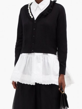 SIMONE ROCHA Embellished and ruffled wool-blend cardigan ~ black ruffle trim V neck cardigans - flipped