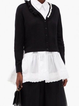 SIMONE ROCHA Embellished and ruffled wool-blend cardigan ~ black ruffle trim V neck cardigans