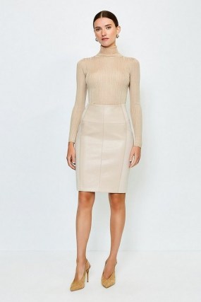 KAREN MILLEN Faux Leather and Ponte Panelled Pencil Skirt Natural / luxe style panel detail skirts