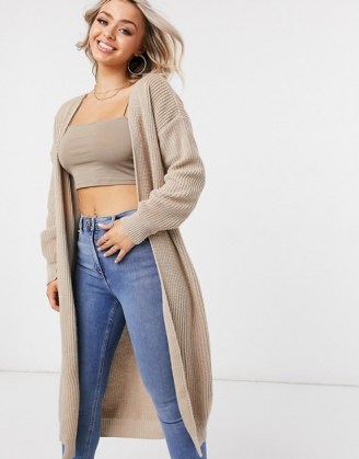 Femme Luxe knitted long line cardi in camel ~ light brown longline open front cardigans - flipped