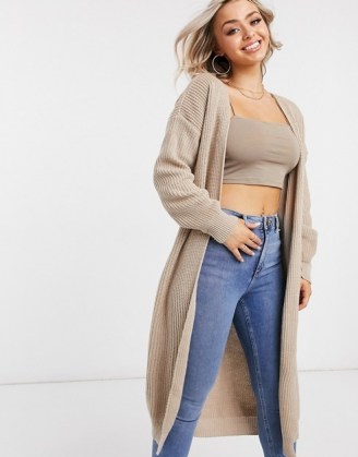 Femme Luxe knitted long line cardi in camel ~ light brown longline open front cardigans
