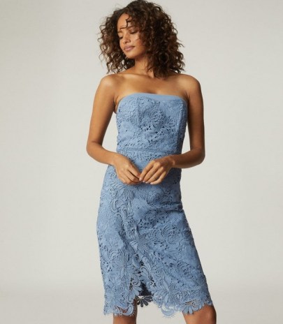 REISS FINLEY LACE BODYCON DRESS DUSTY BLUE ~ strapless event dresses ~ evening glamour - flipped