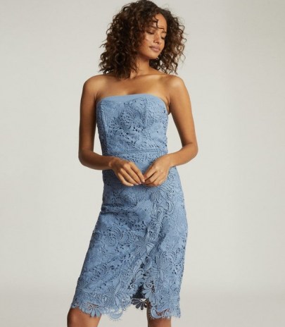 REISS FINLEY LACE BODYCON DRESS DUSTY BLUE ~ strapless event dresses ~ evening glamour