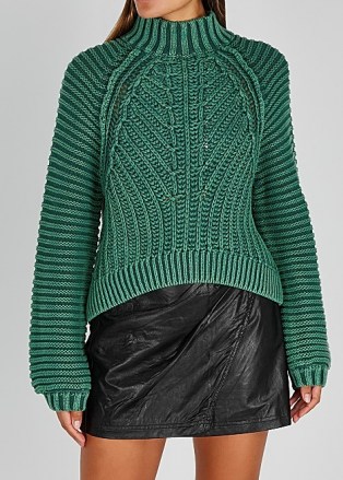 FREE PEOPLE Sweetheart green ribbed cotton jumper ~ chunky high neck knits ~ rib detail jumpers