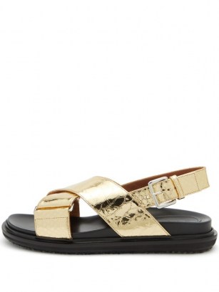 MARNI Fussbett crackled-effect leather sandals / gold crossover flats - flipped
