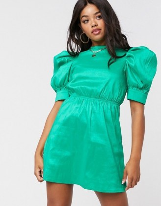 Girl In Mind sateen puff sleeve mini shift dress in green - flipped