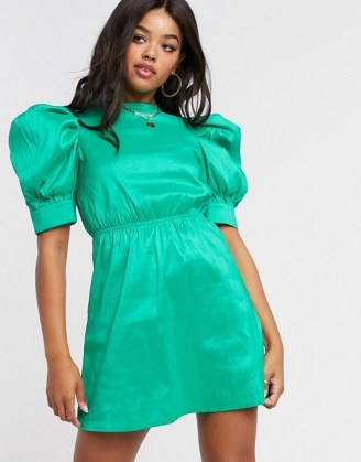 Girl In Mind sateen puff sleeve mini shift dress in green