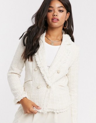 Girl In Mind tweed double breasted jacket in cream check – fringed jackets
