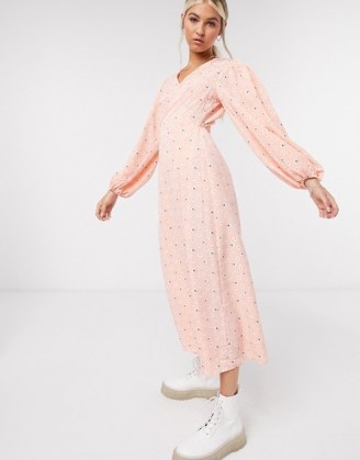 Glamorous maxi wrap dress with volume sleeves in pink vintage ditsy floral - flipped