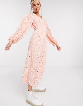 Glamorous maxi wrap dress with volume sleeves in pink vintage ditsy floral