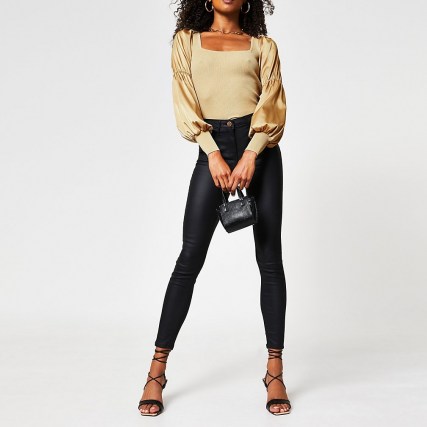 River Island Gold satin sleeve ribbed top | tops with volume sleeves - flipped