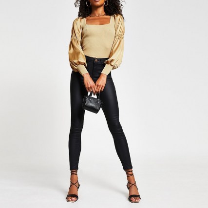 River Island Gold satin sleeve ribbed top | tops with volume sleeves