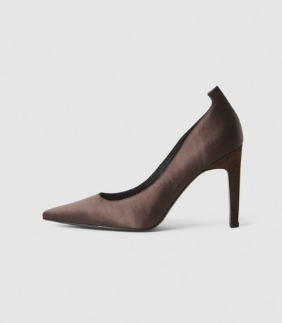 REISS HEPBURN SATIN COURT SHOES BROWN ~ pointed toe courts - flipped