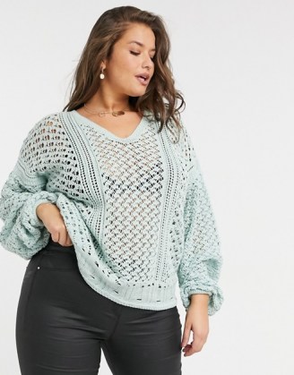 In The Style Plus x Lorna Luxe knitted jumper in green ~ plus size V neck open knit jumpers ~ semi sheer knitwear ~ slouchy drop shoulder sweater - flipped