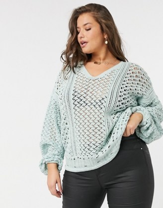 In The Style Plus x Lorna Luxe knitted jumper in green ~ plus size V neck open knit jumpers ~ semi sheer knitwear ~ slouchy drop shoulder sweater