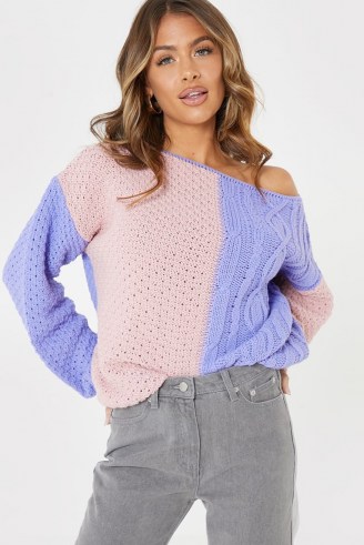 JAC JOSSA NUDE AND BLUSH OFF SHOULDER KNITTED JUMPER | colour block jumpers | celebrity clothing collaboration knitwear - flipped