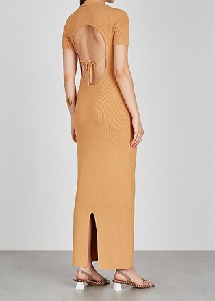 JACQUEMUS Le Robe Maille Polo sand stretch-knit maxi dress sand ~ open back dresses