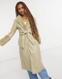 Jakke tilda faux leather wrap front trench coat with extreme faux fur trim sage green / trimmed winter coats