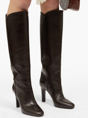 SAINT LAURENT Jane knee-high leather boots ~ dark brown boots ~ winter footwear - flipped