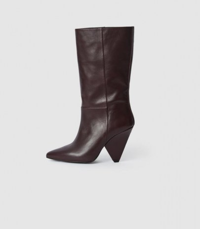 REISS JAX LEATHER CALF LENGTH BOOTS PLUM ~ deep autumn colours ~ cone heel boots ~ chic winter footwear - flipped