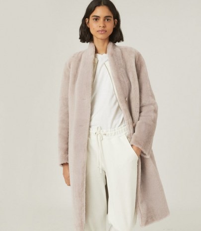 REISS JORDANN REVERSIBLE SHEARLING COAT TAUPE/TAN ~ luxe winter coats - flipped